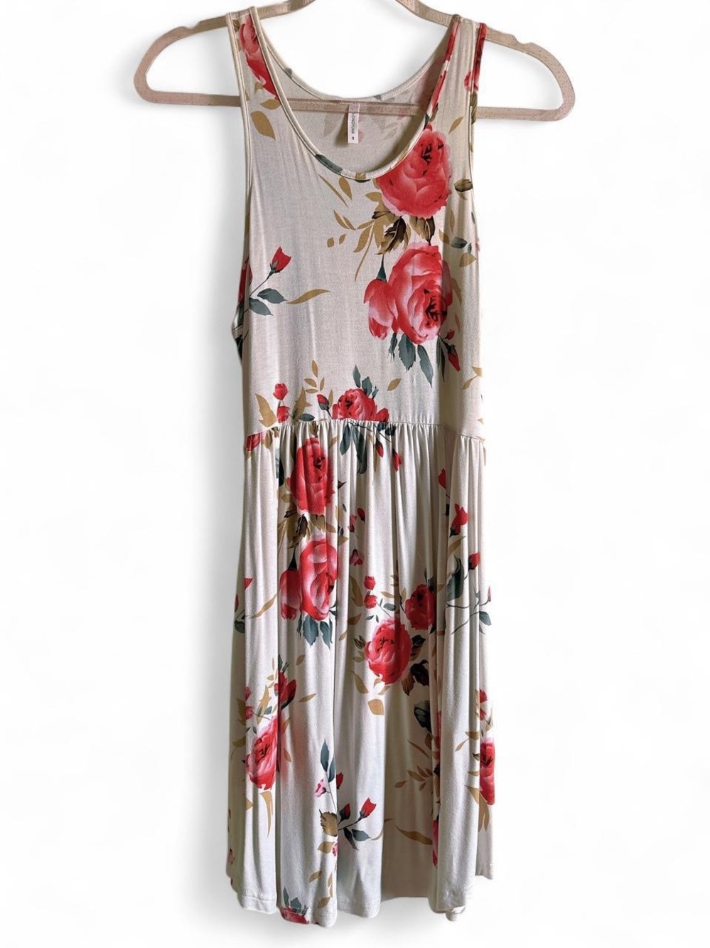 Sleeveless Cream Midi Dress with Red Floral Print size S